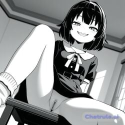 1girl 3d ai_assisted ai_generated beautiful day dress general grayscale grin high_contrast highres indoors looking_at_viewer no_nose perfect_anatomy pussy sharp_teeth sitting_on_chair slit_pupils smug socks upskirt_view