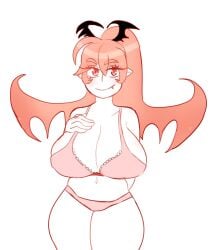 1girl alternate_breast_size alternate_breast_size_(larger) black_wings bra cleavage closed_mouth collarbone colored_skin elfsexer69 fang funamusea hair_wings hand_on_own_chest huge_breasts looking_at_viewer navel panties pink_bra pink_hair pink_panties pointy_ears ponytail rawberry_preserves red_eyes simple_background smile source_request the_gray_garden thick_thighs thighs white_background white_skin wings