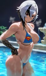 1female 1girl 1girls ai_assisted ai_generated arlecchino_(genshin_impact) bikini bikini_bottom bikini_only bikini_top black_hair blue_bikini crossover_cosplay dc dc_comics genshin_impact looking_at_viewer multicolored_hair solo solo_female solo_focus superman_(cosplay) superman_(series) superman_logo white_hair x_eyes