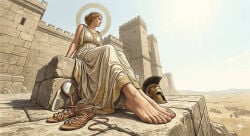 ai_generated blonde_hair clothed clothing comb feet feet_fetish feet_focus fetish fetish_art foot_fetish greek greek_mythology helen_of_troy helm mirror sandles the_epic_cycle trojan_war wall