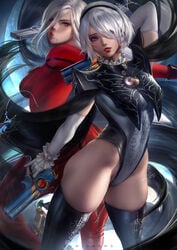 2girls android back_to_back bayonetta bayonetta_(cosplay) black_legwear blue_eyes bodysuit cosplay detached_sleeves dual_wielding female gloves gun hair_between_eyes hair_over_one_eye leotard looking_at_viewer looking_back mole mole_under_mouth multiple_girls nier nier:_automata parted_lips red_bodysuit short_hair silver_hair standing thighhighs weapon white_gloves white_hair yorha_2b yorha_a2 zumi