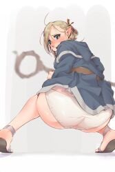 2:3 blush butt butt_focus camel_toe clothing crouching delicious_in_dungeon dress elf embarrassed female female_humanoid footwear genital_outline genitals green_eyes grey_background hi_res humanoid humanoid_pointy_ears looking_back mammal marcille_donato onsen_mikan panties pointy_ears rear_view sandals shoes simple_background solo underwear vulva vulva_outline white_background worried