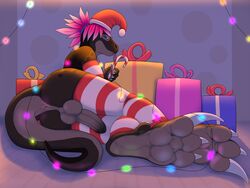 2018 3_toes 3dinoz 5_fingers anthro anus arm_warmers armwear ass balls black_skin blue_eyes candy candy_cane christmas christmas_lights claws clothing digitigrade dinosaur erection food gift girly grey_skin hair hat holding_object holidays humanoid_penis inviting legwear licking looking_at_viewer lying male multicolored_skin on_side pawpads paws penis perineum pink_hair raptor reptile santa_hat scalie smile solo stockings teasing theropod toes tongue tongue_out two_tone_skin yaoi