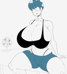 1girls ass big_ass big_breasts blue_hair breasts breasts_bigger_than_head fan glasses highres large_breasts loftysundew short_hair sitting sweat sweaty_breasts thick_thighs thighs thong_straps voluptuous_female