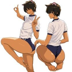 1girl absurdres animal_ear_fluff animal_ears ass barefoot commentary dark-skinned_female dark_skin double_v english_commentary feet highres one_eye_closed original shiren_(ourboy83) short_hair short_sleeves shorts simple_background soles solo toes v white_background