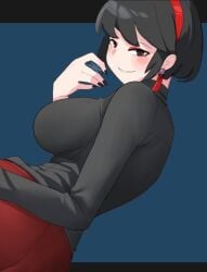 1girls 2026 arachnid black_clothing black_hair black_nail_polish black_widow clothed earrings female female_only hi_res humanoid hunter_the_parenting miyo_mizugi monster monster_girl nail_polish red_clothing short_hair sideboob solo spider