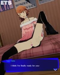 3d_(artwork) bed bedroom before_sex blushing brown_eyes brown_hair buttplug buttplug_in_ass choker dialogue_box ear_piercing eulathighstraps legs_apart looking_at_viewer mouth_open persona persona_3 poll_winner stockings text vagina winter_clothes yukari_takeba