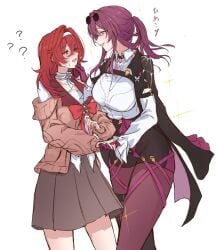 2girls big_breasts blush flat_chest hand_on_hand handholding himeko_(honkai:_star_rail) kafka_(honkai:_star_rail) lesbian pantyhose purple_hair pussy red_hair skirt yuri
