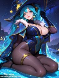 1girl ai_generated aqua_hair arlequin097 black_footwear black_gloves black_pantyhose blue_capelet blue_eyes blue_gloves blue_hair blue_headwear blue_leotard bodystocking breasts cape capelet cleavage closed_mouth earrings elbow_gloves fur-trimmed_capelet fur_trim gloves gold_trim hair_between_eyes hat high_heels highleg highleg_leotard jewelry large_breasts league_of_legends league_of_legends:_wild_rift leotard lips long_hair looking_at_viewer night night_sky outdoors pantyhose riot_games shooting_star sitting sky smile solo sona_(league_of_legends) sona_buvelle star_(sky) star_(symbol) star_earrings starry_sky thigh_strap thighlet thighs twintails very_long_hair water witch_hat yokozuwari