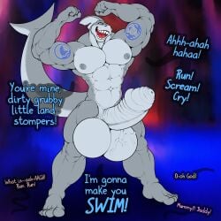 1:1 2026 abs absurd_res anthro aquatic arm_tattoo balls big_balls big_penis blue_eyes dasherslash digital_media_(artwork) english_text exclamation_point fin fish flexing flexing_bicep flexing_both_biceps genitals grey_body grey_fin grey_nipples grey_nose grey_tail grin hi_res huge_balls huge_penis humanoid_genitalia humanoid_penis hyper hyper_balls hyper_genitalia hyper_penis looking_at_viewer male multicolored_body muscular muscular_anthro muscular_male nipple_piercing nipples nude offscreen_character pecs penis piercing police police_officer pose question_mark racism shark shark_fin shark_tail sharp_teeth smile solo speciesism standing tail tattoo teeth text tongue two_tone_body two_tone_fin two_tone_tail vein veiny_balls veiny_muscles