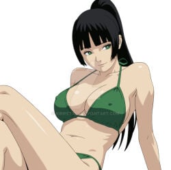 bikini black_hair cleavage crossed_legs green_bikini green_eyes green_swimsuit kiripetals large_breasts leaning_back long_hair naruto_(series) naruto_shippuden navel nipples_visible_through_clothing ponytail seductive_look seductive_smile shizuka_(naruto) sideboob swimsuit tied_hair watermark