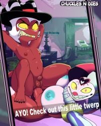 anal anal_penetration anthro balls big_breasts black_fedora blue_nipples breasts cellphone crimson_(helluva_boss) crossgender demon donnitro72 duo electronics english_text feet fizzarolli_(helluva_boss) foreskin genitals gold_(metal) gold_tooth gynomorph gynomorph/male gynomorph_penetrating gynomorph_penetrating_male hair hands_behind_head hellaverse helluva_boss hi_res horn humanoid_feet humanoid_genitalia humanoid_penis imp intersex intersex/male intersex_penetrating intersex_penetrating_male male male_on_top male_penetrated mtg_crossgender mti_crossgender nipples on_top penetration penile penile_penetration penis penis_in_ass phone plantigrade red_body red_nipples sex small_balls small_penis snapchat striped_horn stripes text thick_thighs white_hair yellow_sclera