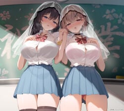 2girls ass_visible_through_thighs beach black_hair blonde_hair blush bob_cut bra bra_visible_through_clothes breasts classroom clothed female female_only hair_ornament highres large_breasts long_hair nijihashi_sora original panties school_uniform see-through see-through_shirt shirt short_hair skirt veil