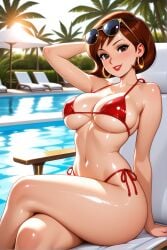1girl ai_generated bikini brown_hair cleavage earrings elastigirl eros_ai female_focus helen_parr large_breasts looking_at_viewer outdoor pool red_bikini short_hair sitting smile sunglasses the_incredibles wet