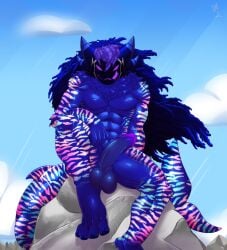4_ears absurd_res anthro astra_sidereum balls blue_body blue_fur curly_hair erection fur genitals glans hair hi_res humanoid_genitalia humanoid_penis lazaxus looking_at_viewer machine male multi_ear nude penis protogen smile solo tail tongue