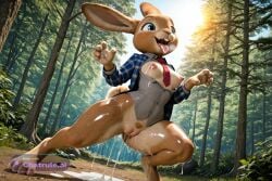 1boy 3d ai_assisted ai_generated big_areola blue_eyes blush bunny claw_pose contrapposto cowboy_shot curvy day erect_nipples excited feral flat_stomach forest front_view full_body hard_nipples heavy_breathing legs_apart long_nipples oiled_body open_mouth pawg pheromones pussy pussy_juice_leaking red_necktie saliva_on_tongue solo standing sun