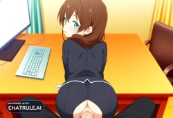 1girl ai_assisted ai_generated anime_coloring anime_screencap aqua_eyes ass bedroom brown_hair cock doggystyle full_body hair_over_shoulder looking_back mouth_closed official_style on_knees parted_lips penetration pov pussy_exposed pussy_wet saliva school_uniform sex sitting_on_chair standing window