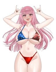 1girls american_flag_bikini bikini bitch hololive hololive_english hololive_myth huge_breasts ivan_ramirez large_breasts long_hair mori_calliope pink_hair rock_sign slutty_female