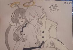 1boy 1girl ahoge alela_grora angel angel_boy angel_girl artist_request black_nails blue_panties collarbone colored_skin eyepatch funamusea grey_eyes grey_hair grey_jacket halo hetero jacket_lift long_hair low_twintails navel nipples one_eye_closed open_mouth panties short_hair signature sucking sucking_nipples the_gray_garden traditional_art traditional_media traditional_media_(artwork) white_hair white_jacket white_pants white_skin wodahs