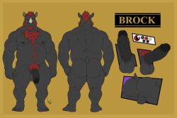 anthro beard belly body_hair border chest_hair chest_tuft circumcised erection facial_hair flaccid front_view genitals horn hunterramirez male mammal model_sheet muscular muscular_male nipples nude_anthro overweight overweight_male penis rear_view rhinoceros simple_background solo standing tuft yellow_border