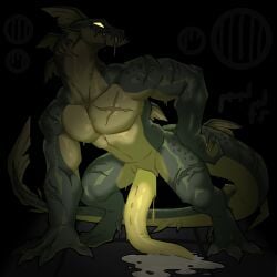 1:1 animal_genitalia anthro aquatic big_penis bodily_fluids claws cum cum_pool dark digitigrade dripping drooling eel fin fish genital_fluids genital_slit genitals green_body hand_on_hip huge_penis knil_(artist) long_penis male monster muscular muscular_male no_pupils pecs penis penis_on_ground saliva scar shadow sharp_teeth slime solo tail tapering_penis teeth underbite yellow_body yellow_penis
