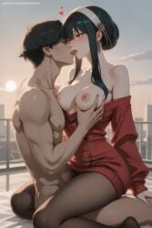 1boy 1girl ai_generated black_hair black_legwear blush breast_grab breasts breasts_outside clothed_female_nude_male french_kiss grabbing heart hetero hi_res high_quality high_resolution japanese_clothes kimono kiss long_hair nipples pantyhose patreon red_eyes red_kimono saliva seductive sex sexy sitting spy_x_family taihou_(azur_lane) tongue uncensored watermark yor_forger