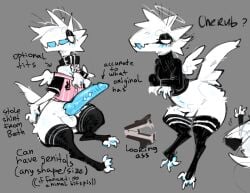 ambiguous_anthro ambiguous_gender angel anthro balls barely_visible_breasts big_butt breasts btascandalist butt cherub cleavage clothed clothing collar crop_top crotch_tuft erection femboy flesh_fang fur genitals grey_background halo knot knotted_penis legwear male male_anthro mammal nonbinary_(lore) penis shirt shortstack simple_background sitting small_waist small_wings solo standing tail thick_thighs thigh_highs topwear tuft unknown_species white_body white_fur wide_hips wings