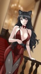 1girls black_hair black_hair_female blake_belladonna cat_ears cleavage clothed_female dress long_hair long_hair_female no_bra radiofreekrieg rwby solo_female yellow_eyes