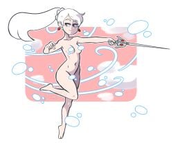 1girls blue_eyes breasts myrtenaster nude_female pose posing rwby small_breasts solo_female weiss_schnee white_hair white_hair_female