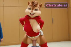 1_girl 1boy 1girl ai_assisted ai_generated alvin_and_the_chipmunks bent_forward big_breasts boobs breasts_exposed brown_eyes brown_fur buck_teeth chipmunk contrapposto erotic front_view furry gold_bracelet hair half_closed_eyes hand_on_own_hip horny knee_boots laces large_breasts legs_spread looking_at_viewer naked open_mouth pink_nipples pink_nose pussy_exposed red_boots red_dress rolling_eyes saliva sex sexy sleeveless tail
