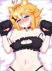 1girls ahoge bell_collar blonde_hair cat_ears cat_tail cgator cleavage_window cum_on_body cum_on_breasts cum_on_face cyan_eyes dokibird dokibird_(dokitty) flushed flushed_face head_wings indie_virtual_youtuber laying_down laying_on_back laying_on_bed lingerie looking_at_viewer paw_gloves small_breasts vtuber