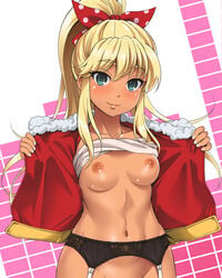 blonde_hair blue_eyes blush breasts female fur_trim garter_belt garter_straps large_breasts long_hair looking_at_viewer navel open_clothes open_shirt pachislot_disc_up ponytail shirt_lift smile tan youkan