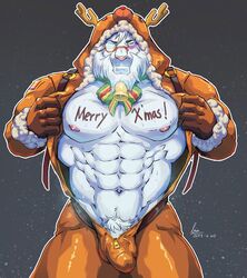 abs bell blush bulge christmas costume eyewear feline fur harness holidays laon8130 lion male male_only mammal monocle muscular muscular_male navel nipples onesie pecs penis pubes snow_(tokyo_afterschool_summoners) solo tokyo_afterschool_summoners white_fur