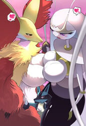 2girls alternate_color ambiguous_gender blush breasts delphox fox furry giantess heart huge_breasts insect interspecies larger_female lucario nintendo pheromosa pokemon pokemon_(species) pokemon_sm pokemon_xy shiny_pheromosa shiny_pokemon smaller_male soryuu source_request spoken_heart sweat thick_thighs wet wide_hips ソリュウ