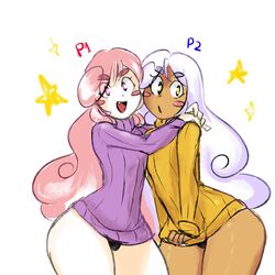 2boys bulge crossdressing dark-skinned_femboy dark-skinned_male dark_skin femboy king_stellos_(yellow_kirby) long_hair male panties sweater trap yellow_kirby