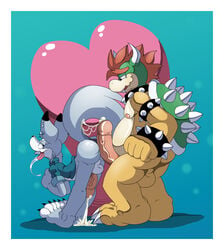 abstract_background anus balls barefoot bowser canine claws clothed clothing cum duo erection gay hot_dogging koopa male male_only mammal mario_(series) nintendo nipples nude paws penis piercing saliva scalie size_difference slashy_slashy spikes teaselbone_(character) toe_claws toes tongue video_games wolf yaoi