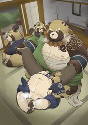 2018 96panda anal anthro ass balls belly blush bulge canine clothed clothing erection fundoshi group gyobu humanoid_hands japanese_clothing leaf lifewonders male mammal moobs moritaka navel nipples one_eye_closed overweight overweight_male penis scar sex tanuki tattoo tokyo_afterschool_summoners underwear wink yaoi young