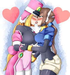 2girls aile blonde_hair breasts brown_hair capcom closed_eyes clothed cropped_legs green_eyes hat kissing lluanhyperzero long_hair mega_man mega_man_zx mega_man_zx_advent multiple_girls prairie simple_background tongue_kiss yuri