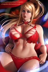 bed bedroom_eyes blonde blonde_hair blue_eyes choker cleavage curvaceous curvy female large_breasts lingerie lipstick long_hair looking_at_viewer metroid nail_polish navel nintendo ponytail red_lingerie samus_aran seductive sidelocks v1mpaler voluptuous