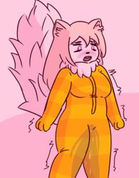 2015 anthro blush breasts clothed clothing feline female fur hair long_hair mammal neck_tuft open_mouth pajamas peeing pink_background pink_fur pink_hair shaking simple_background solo standing teeth tinycatmom tuft urine watersports wetting