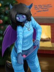 anthro bat_pony blush christmas christmas_tree clothing fan_character female fireplace holidays ipomoea jewelry my_little_pony necklace nude panties pants panty_pull pussy solo sweater the-minuscule-task thong tree underwear