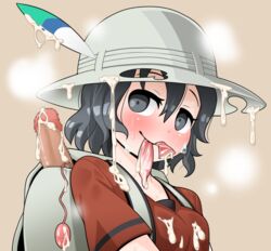 backpack bag black_eyes black_hair blush booth_tomato bukkake censored condom condom_in_mouth cum cum_on_body cum_on_upper_body dildo egg_vibrator feathers female hat hat_feather heavy_breathing kaban_(kemono_friends) kemono_friends looking_at_viewer mouth_hold sex_toys shirt short_hair simple_background sweat used_condom vibrator