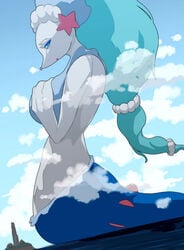 1girls blue_fur blue_hair blush breasts buildings clouds covering_breasts eyelashes female female_only feral furry giantess huge_ass huge_breasts long_hair looking_away looking_down macro nintendo ocean outdoors pinniped pokemon pokemon_sm primarina sky soryuu source_request tail water white_fur wide_hips ソリュウ