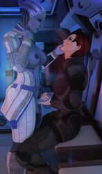 3d areolae asari breasts commander_shepard dickgirl erection female femshep futa_on_female futanari handjob intersex interspecies liara_t'soni mass_effect nipples oceanmyhope penis