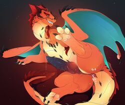 2018 animal_genitalia animal_penis anus arsauron beard claws cum dragon erection facial_hair feral genital_slit greame hands-free horn knot lying male on_side orgasm pawpads paws penis precum presenting presenting_anus presenting_penis scalie slit smile solo whiskers