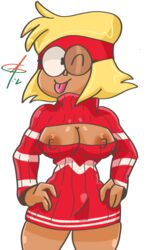 1girls 2018 areola areola_slip between_breasts big_breasts blonde_hair breasts carol_(ok_k.o.!_let's_be_heroes) carol_kincaid cartoon_network christmas cleavage cowboy_shot dark-skinned_female female female_only hands_on_hips holidays ican-t-get-no-satisfaction looking_at_viewer milf ok_k.o.!_let's_be_heroes short_hair simple_background solo sweater thighs tongue_out turtleneck turtleneck_sweater white_background