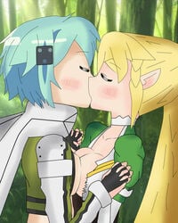 alfheim_online asada_shino blonde_hair breast closed_eyes elf gun_gale_online kissing leafa lluanhyperzero sinon sword_art_online sword_art_online:_fairy_dance sword_art_online:_phantom_bullet sylph symmetrical_docking yuri