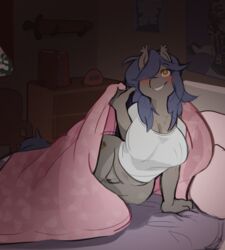 2016 anthro bat_pony bed bedroom blue_hair blush bottomless breasts clothed clothing fan_character female hair inside lying my_little_pony paperclip_(artist) partially_clothed pussy racket_rhine smile solo teeth yellow_eyes