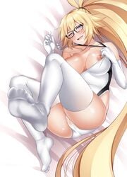 asakura_kukuri big_breasts blonde_hair blue_eyes blush breasts fate/grand_order fate_(series) feet foot_fetish glasses jeanne_d'arc jeanne_d'arc_(fate) jeanne_d'arc_(swimsuit_archer) long_gloves nipples pussy_juice soles stockings thighhighs toes white_gloves white_legwear white_stockings