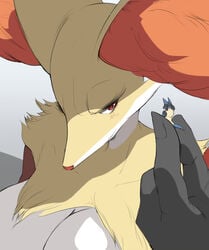 1girls breasts delphox furry giantess holding huge_breasts lucario macro pokemon pokemon_(species) pokemon_dppt pokemon_xy size_difference soryuu ソリュウ